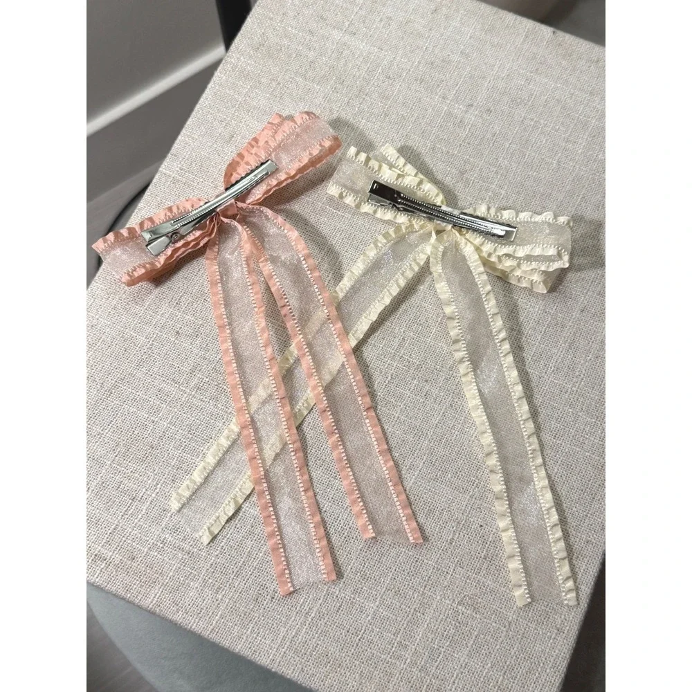Organza long bows pink cream cottagecore lolita femme girlhoodcore ponytail cute